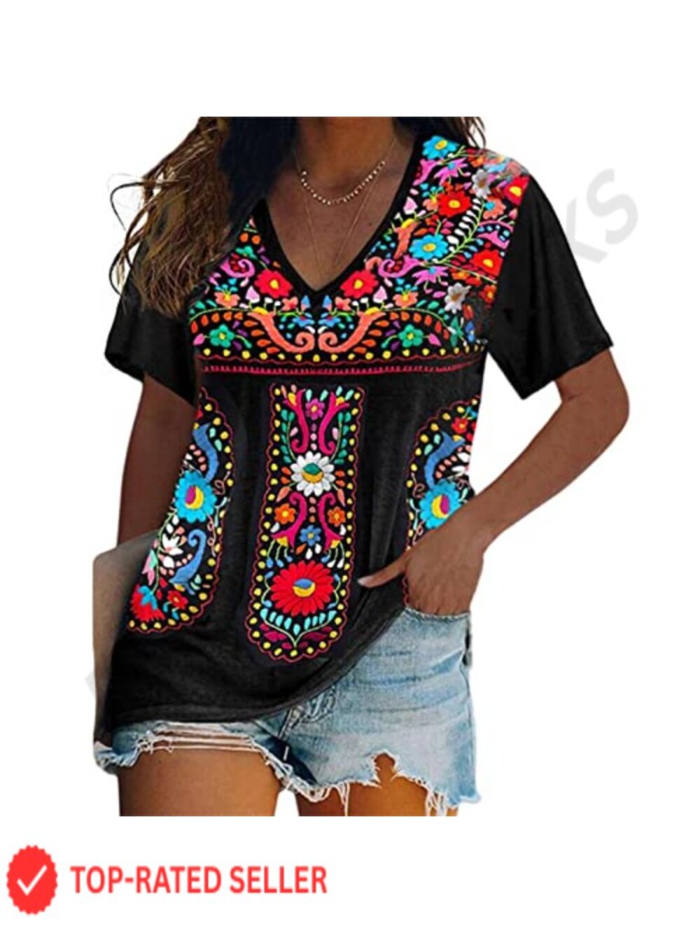 Melliflo Women's Floral Embroidered Boho Tee Short Sleeve V-Neck Loose Fit